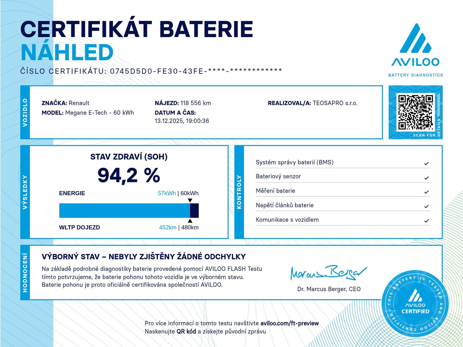 Ukázka certifikátu Aviloo